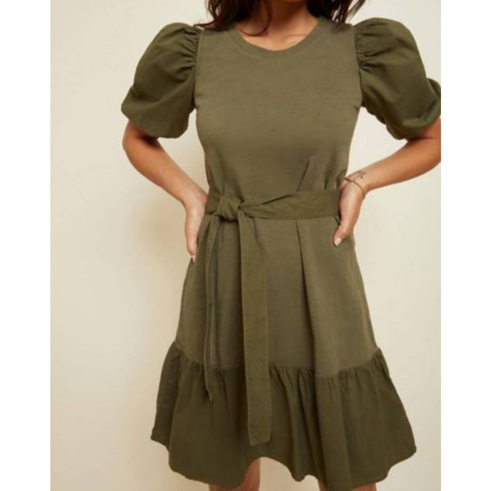 Nation LTD Green Cotton Evangeline Puff Sleeve Flounced Hem Belted Dress Size S - Picture 2 of 8
